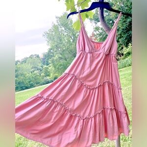 Pretty in Pink Spaghetti Strap Dress, Deep V Front, Ruffle Detail, Size S Junior